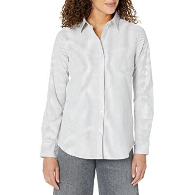 Amazon Damen Langärmliges Relaxed-Fit-Stretch-Oxford-Hemd mit verdeckter Knopfleiste (in Übergröße erhältlich), Grau Streifen, S Amazon Damen Langärmliges Relaxed-Fit-Stretch-Oxford-Hemd mit verdeckter Knopfleiste (in Übergröße erhältlich), Grau Streifen, S