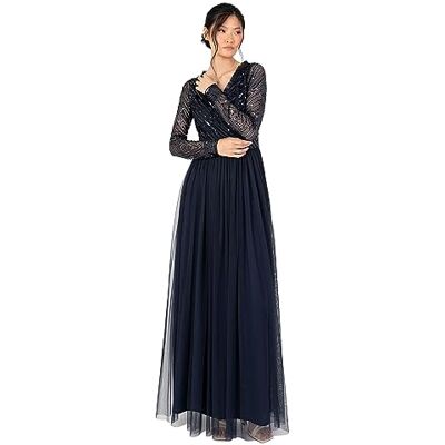 Maya Deluxe Women's Maxi Dress Ladies Embellished Wrap Tulle Frilly V-Neck Long Sleeve for Wedding Guest Bridesmaid Prom Ball Gown, Navy, 38 Maya Deluxe Women's Maxi Dress Ladies Embellished Wrap Tulle Frilly V-Neck Long Sleeve for Wedding Guest Bridesmaid Prom Ball Gown, Navy, 38