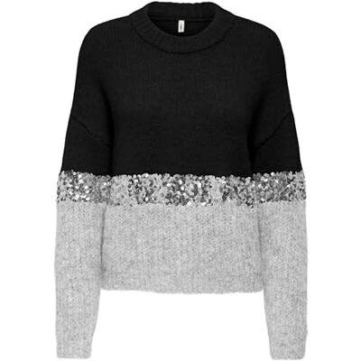 ONLY Damen Onlmaine Life Ls Sequin Block O-Neck KNT, Black, XL ONLY Damen Onlmaine Life Ls Sequin Block O-Neck KNT, Black, XL