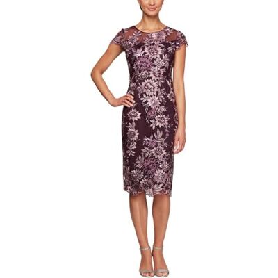 Alex Evenings Cocktailkleid für Damen, kurz, Knielang, mit Blumenstickerei, Pflaume, 42 Alex Evenings Cocktailkleid für Damen, kurz, Knielang, mit Blumenstickerei, Pflaume, 42