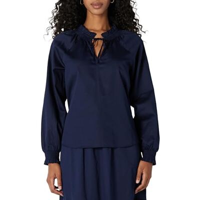 Amazon Damen Weit Geschnittene Langarmbluse mit Rüschenausschnitt aus Baumwoll-Satin (Rock Separat Erhältlich), Marineblau, XXL Amazon Damen Weit Geschnittene Langarmbluse mit Rüschenausschnitt aus Baumwoll-Satin (Rock Separat Erhältlich), Marineblau, XXL