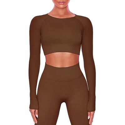 Buttergene Damen-Workout-Sets, 2-teilig, langärmelig, Yoga-Outfits, Fitnessstudio, Kleidung, nahtlos, gerippt, bauchfrei, hohe Taille, Leggings, braun, Small Buttergene Damen-Workout-Sets, 2-teilig, langärmelig, Yoga-Outfits, Fitnessstudio, Kleidung, nahtlos, gerippt, bauchfrei, hohe Taille, Leggings, braun, Small