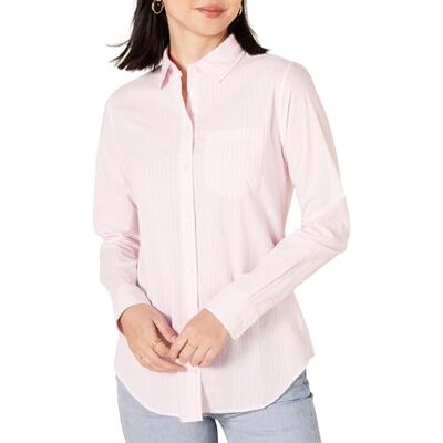 Amazon Damen Regular-Fit Langarm-Button-Down-Popeline-Hemd, Rosa Streifen, S Amazon Damen Regular-Fit Langarm-Button-Down-Popeline-Hemd, Rosa Streifen, S