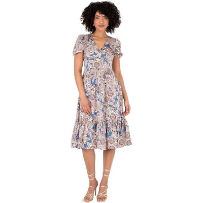 Lovedrobe Women's Ladies Midi Dress Short Puff Sleeve V-Neck Floral Print Tiered Hem Lace Trim A-line Casual Occasion Evening Grau 44 Lovedrobe Women's Ladies Midi Dress Short Puff Sleeve V-Neck Floral Print Tiered Hem Lace Trim A-line Casual Occasion Evening Grau 44