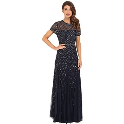 Adrianna Papell Abendkleid für Damen mit kurzen Ärmeln und gitterförmiger Perlenstickerei, Marineblau, 40 Adrianna Papell Abendkleid für Damen mit kurzen Ärmeln und gitterförmiger Perlenstickerei, Marineblau, 40