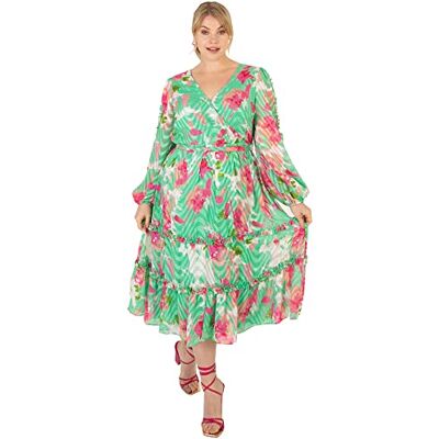 Lovedrobe Damen Maxikleid in Übergröße, Langärmelig, Abstrakter Druck, Bishop-rückenloch, V-Ausschnitt, Falscher Wickelgürtel Kleid, Grün, 52 Lovedrobe Damen Maxikleid in Übergröße, Langärmelig, Abstrakter Druck, Bishop-rückenloch, V-Ausschnitt, Falscher Wickelgürtel Kleid, Grün, 52