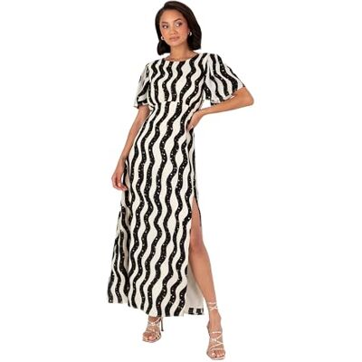 Lovedrobe Women's Midaxi Dress Ladies Round Neck Short Angel Sleeves Monochrome Wave Print Keyhole Back Elasticated Waist A-line, Schwarz und Creme 50 Lovedrobe Women's Midaxi Dress Ladies Round Neck Short Angel Sleeves Monochrome Wave Print Keyhole Back Elasticated Waist A-line, Schwarz und Creme 50