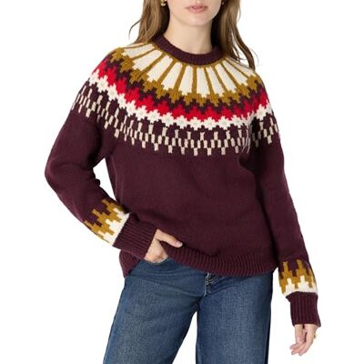 Amazon Damen Fair-Isle Oversize-Pullover mit Rundhalsausschnitt, Dunkles Burgunderrot Creme Gestricktes Zickzackmuster, XXL Amazon Damen Fair-Isle Oversize-Pullover mit Rundhalsausschnitt, Dunkles Burgunderrot Creme Gestricktes Zickzackmuster, XXL