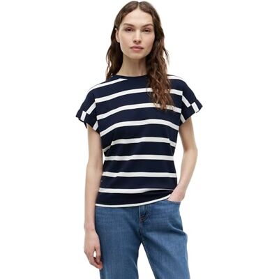 Tommy Hilfiger Damen T-Shirt Kurzarm Gold Button mit Rundhalsausschnitt, Mehrfarbig (Dark Night Navy/Ivory Silk STP), XXS Tommy Hilfiger Damen T-Shirt Kurzarm Gold Button mit Rundhalsausschnitt, Mehrfarbig (Dark Night Navy/Ivory Silk STP), XXS