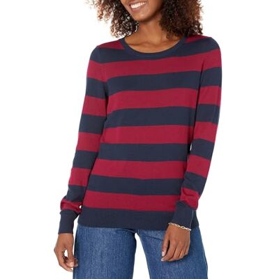 Amazon Damen Leichter, Langärmeliger Pullover Mit Rundhalsausschnitt (Erhältlich in Übergröße), Burgunderrot Marineblau Rugby-Streifen, L Amazon Damen Leichter, Langärmeliger Pullover Mit Rundhalsausschnitt (Erhältlich in Übergröße), Burgunderrot Marineblau Rugby-Streifen, L