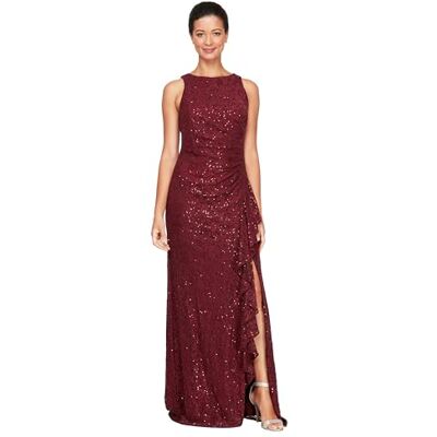 Alex Evenings Damenkleid für die Mutter der Braut mit Kaskaden-Rüsche und Schlitz vorne, lang, ohne Ärmel (Klein und Normal), Wein, 40 Alex Evenings Damenkleid für die Mutter der Braut mit Kaskaden-Rüsche und Schlitz vorne, lang, ohne Ärmel (Klein und Normal), Wein, 40