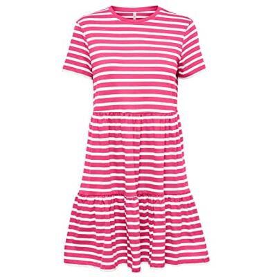 ONLY Damen Onlmay S/S O-Neck Peplum Dress Box JRS Kleid, Shocking Pink/Stripes:Cloud Dancer (Dina), XS EU ONLY Damen Onlmay S/S O-Neck Peplum Dress Box JRS Kleid, Shocking Pink/Stripes:Cloud Dancer (Dina), XS EU