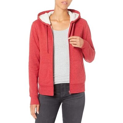 Amazon Damen Sherpa-Fleecejacke mit durchgehendem Reißverschluss und Kapuze, Rot Meliert, S Amazon Damen Sherpa-Fleecejacke mit durchgehendem Reißverschluss und Kapuze, Rot Meliert, S