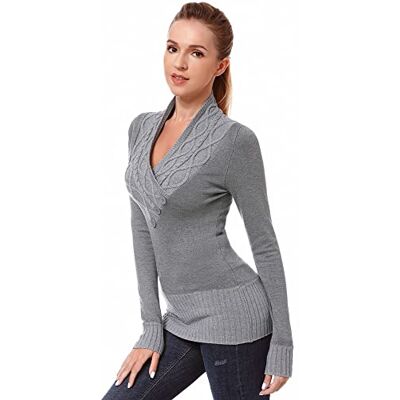 AmélieBoutik Damen-Pullover mit überkreuztem Zopfmuster, V-Ausschnitt, langärmelig, GRAU, Mittel AmélieBoutik Damen-Pullover mit überkreuztem Zopfmuster, V-Ausschnitt, langärmelig, GRAU, Mittel