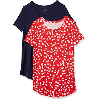 Amazon Damen Tunika mit U-Ausschnitt und Kurzen Ärmeln, 2er-Pack, Marineblau/Rot Blumen, L Amazon Damen Tunika mit U-Ausschnitt und Kurzen Ärmeln, 2er-Pack, Marineblau/Rot Blumen, L