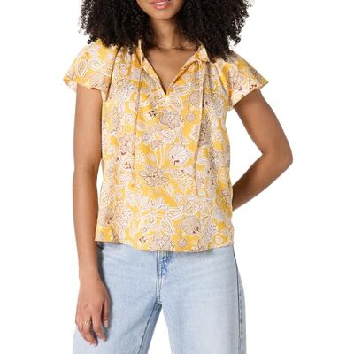 Amazon Damen Relaxed-Fit-Bluse Aus Baumwollsatin Mit Rüschenausschnitt, Goldgelb Multi Folk Floral, L Amazon Damen Relaxed-Fit-Bluse Aus Baumwollsatin Mit Rüschenausschnitt, Goldgelb Multi Folk Floral, L