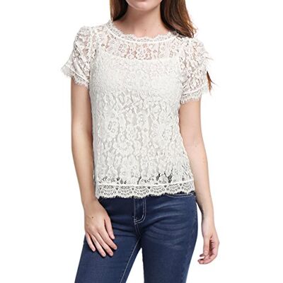Allegra K Damen Dirndlbluse Mesh Oberteil Kurzarm Durchsichtig Rundhals Rüschen Blumen Spitze Bluse Shirt Weiß M Allegra K Damen Dirndlbluse Mesh Oberteil Kurzarm Durchsichtig Rundhals Rüschen Blumen Spitze Bluse Shirt Weiß M