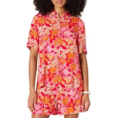 Amazon Damen Lockeres Hemd aus fließendem Twill mit Knopfleiste (Shorts separat erhältlich), Kräftiges Mohnrot Mehrfarbig Folk-Blumenmuster, S Amazon Damen Lockeres Hemd aus fließendem Twill mit Knopfleiste (Shorts separat erhältlich), Kräftiges Mohnrot Mehrfarbig Folk-Blumenmuster, S