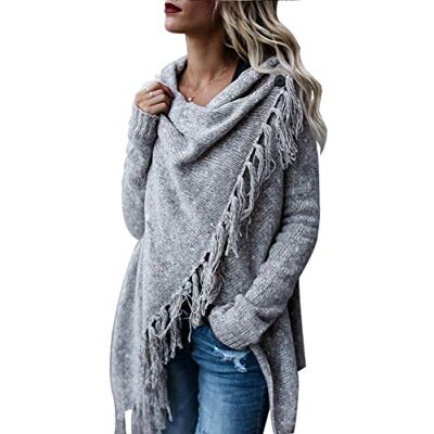 CEASIKERY Damen-Poncho mit Fransen, Pullover, Lange Strickjacke, Strickpullover, Mantel, hellgrau, Groß CEASIKERY Damen-Poncho mit Fransen, Pullover, Lange Strickjacke, Strickpullover, Mantel, hellgrau, Groß