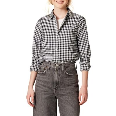 Amazon Damen Regular-Fit Langarm-Button-Down-Popeline-Hemd, Schwarz Weiß Vichy-muster, XL Amazon Damen Regular-Fit Langarm-Button-Down-Popeline-Hemd, Schwarz Weiß Vichy-muster, XL