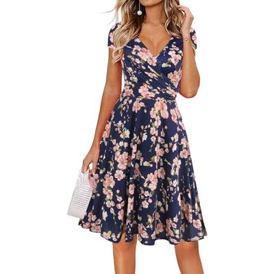 oxiuly Damen Casual Kleider Criss-Cross V-Ausschnitt Floral Flare Midi Sommerkleid OX233, Marineblau/Blumenmuster, Mittel oxiuly Damen Casual Kleider Criss-Cross V-Ausschnitt Floral Flare Midi Sommerkleid OX233, Marineblau/Blumenmuster, Mittel