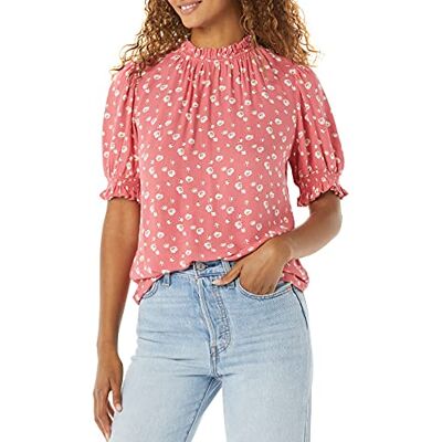 Amazon Damen Hemd Aus Fluid Twill Mit Kurzen Puffärmeln Und Smockdetails, Himbeerrot Floral, XL Amazon Damen Hemd Aus Fluid Twill Mit Kurzen Puffärmeln Und Smockdetails, Himbeerrot Floral, XL