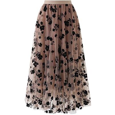 Chicwish Damen Karamell/Dusty Blue/White/Black 3D Posy Doppellagiger Mesh Midi Rock, Caramel, 52 Chicwish Damen Karamell/Dusty Blue/White/Black 3D Posy Doppellagiger Mesh Midi Rock, Caramel, 52