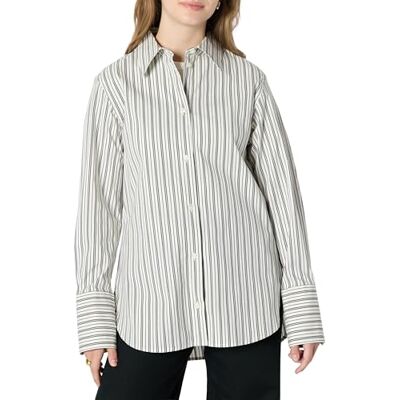 Amazon Damen Oversized-Stretch-Popeline-Anzughemd Aus Baumwolle Mit Fest Geknöpftem Kragen, Elfenbein Schwarz Streifen, M Amazon Damen Oversized-Stretch-Popeline-Anzughemd Aus Baumwolle Mit Fest Geknöpftem Kragen, Elfenbein Schwarz Streifen, M
