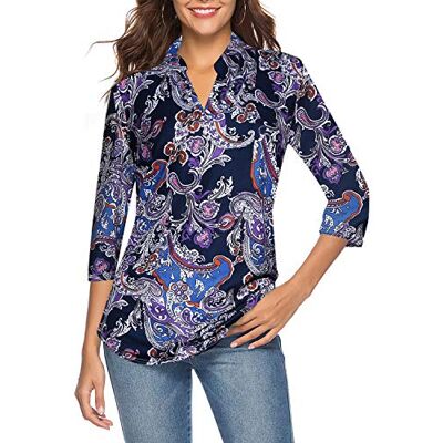 CEASIKERY Damenbluse. 3/4 Ärmel, Blumenmuster, V-Ausschnitt, lässige Tunika, Bluse, lockeres Shirt 008, Violett 0, Large CEASIKERY Damenbluse. 3/4 Ärmel, Blumenmuster, V-Ausschnitt, lässige Tunika, Bluse, lockeres Shirt 008, Violett 0, Large