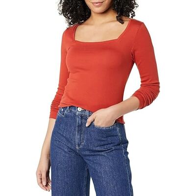 Amazon Damen T-Shirt Mit Langen Ärmeln Und Eckigem Ausschnitt Mit Schmaler Passform, Ziegelrot, M Amazon Damen T-Shirt Mit Langen Ärmeln Und Eckigem Ausschnitt Mit Schmaler Passform, Ziegelrot, M