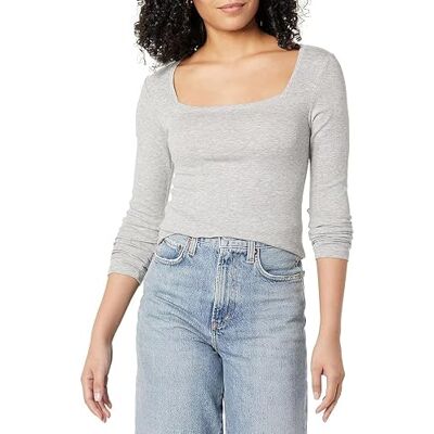Amazon Damen T-Shirt Mit Langen Ärmeln Und Eckigem Ausschnitt Mit Schmaler Passform, Hellgrau Meliert, XXL Amazon Damen T-Shirt Mit Langen Ärmeln Und Eckigem Ausschnitt Mit Schmaler Passform, Hellgrau Meliert, XXL