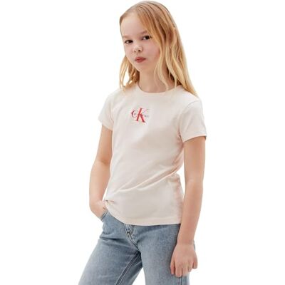 Calvin Mädchen T-Shirt Kurzarm Micro Monogram aus Baumwolle, Elfenbein (Pearl 12-1304 TCX), 10 Jahre Calvin Mädchen T-Shirt Kurzarm Micro Monogram aus Baumwolle, Elfenbein (Pearl 12-1304 TCX), 10 Jahre