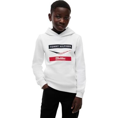 Tommy Hilfiger Kinder Unisex Hoodie TH X Cadillac F1 Chevron mit Print, Weiß (White), 14 Jahre Tommy Hilfiger Kinder Unisex Hoodie TH X Cadillac F1 Chevron mit Print, Weiß (White), 14 Jahre