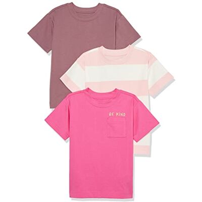 Amazon Unisex Kinder Modernes Kurzarm-T-Shirt, 3er-Pack, Rosa Textaufdruck/Staubrosé/Weiß Rugby-Streifen, 8 Jahre Amazon Unisex Kinder Modernes Kurzarm-T-Shirt, 3er-Pack, Rosa Textaufdruck/Staubrosé/Weiß Rugby-Streifen, 8 Jahre
