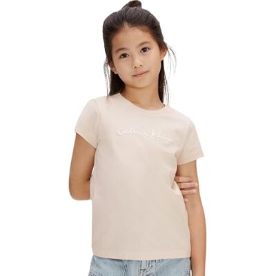 Calvin Mädchen T-Shirt Kurzarm Script Logo Slim aus Baumwolle, Elfenbein (Pearl 12-1304 TCX), 12 Jahre Calvin Mädchen T-Shirt Kurzarm Script Logo Slim aus Baumwolle, Elfenbein (Pearl 12-1304 TCX), 12 Jahre