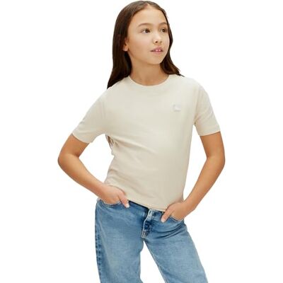 Calvin Kinder Unisex T-Shirt Kurzarm Mono Mini Badge aus Baumwolle, Beige (Oatmeal 13-0401 TCX), 8 Jahre Calvin Kinder Unisex T-Shirt Kurzarm Mono Mini Badge aus Baumwolle, Beige (Oatmeal 13-0401 TCX), 8 Jahre