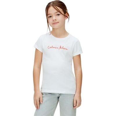 Calvin Mädchen T-Shirt Kurzarm Script Logo Slim aus Baumwolle, Weiß (White 11-0601 TCX), 8 Jahre Calvin Mädchen T-Shirt Kurzarm Script Logo Slim aus Baumwolle, Weiß (White 11-0601 TCX), 8 Jahre