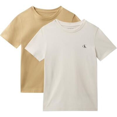 Calvin Jungen 2er Pack T-Shirts Kurzarm Monogram aus Baumwolle, Beige (Sandy Beige/Whitecap Grey), 4 Jahre Calvin Jungen 2er Pack T-Shirts Kurzarm Monogram aus Baumwolle, Beige (Sandy Beige/Whitecap Grey), 4 Jahre