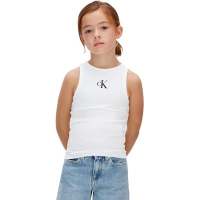 Calvin Mädchen Tank Top Logo mit Rundhalsausschnitt, Weiß (White 11-0601 TCX), 8 Jahre Calvin Mädchen Tank Top Logo mit Rundhalsausschnitt, Weiß (White 11-0601 TCX), 8 Jahre