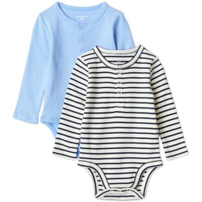 Amazon Unisex Babies' Henley Bodys mit langen Ärmeln, 2er-Pack, Kornblumenblau/französische Streifen, 3-6 Monate Amazon Unisex Babies' Henley Bodys mit langen Ärmeln, 2er-Pack, Kornblumenblau/französische Streifen, 3-6 Monate