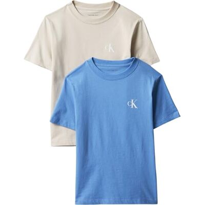 Calvin Jungen 2er Pack T-Shirts Kurzarm Monogram mit Rundhalsausschnitt, Beige (Oatmeal 13-0401 TCX), 8 Jahre Calvin Jungen 2er Pack T-Shirts Kurzarm Monogram mit Rundhalsausschnitt, Beige (Oatmeal 13-0401 TCX), 8 Jahre