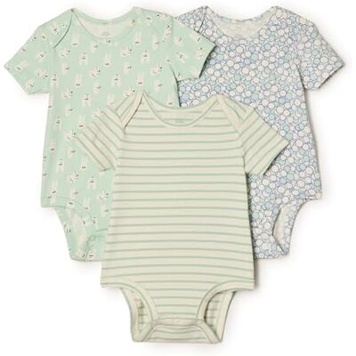 Amazon x Sofia Grainge Unisex Baby Kurzärmliger Bodysuit mit Rundhalsausschnitt, 3er-Pack, Häschen/Runde Bäume/Streifen, 18 Monate Amazon x Sofia Grainge Unisex Baby Kurzärmliger Bodysuit mit Rundhalsausschnitt, 3er-Pack, Häschen/Runde Bäume/Streifen, 18 Monate
