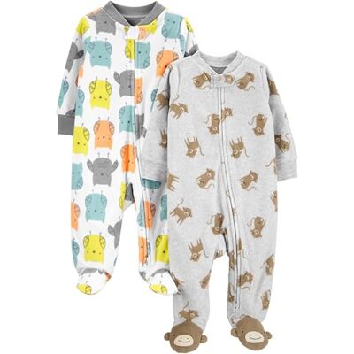 Simple Joys by Carter's Unisex Baby Schlaf- und Spielanzug aus Fleece mit Füßen, 2er-Pack, Grau Affe/Weiß Eule, Frühchen Simple Joys by Carter's Unisex Baby Schlaf- und Spielanzug aus Fleece mit Füßen, 2er-Pack, Grau Affe/Weiß Eule, Frühchen