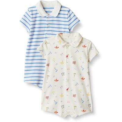 Amazon x Sofia Grainge Baby Jungen Kurzärmeliger Polo-Strampler aus Baumwolle, 2er-Pack, Segelboote/unebene Streifen, 18 Monate Amazon x Sofia Grainge Baby Jungen Kurzärmeliger Polo-Strampler aus Baumwolle, 2er-Pack, Segelboote/unebene Streifen, 18 Monate