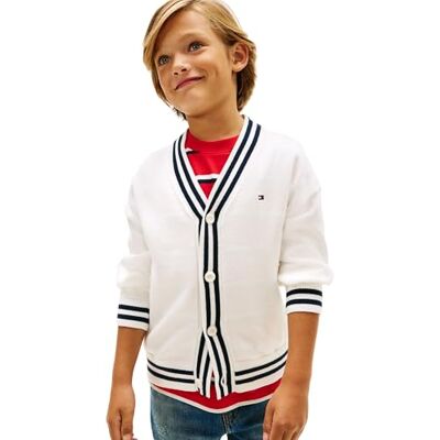 Tommy Hilfiger Jungen Strickjacke Cardigan V-Neck Warm, Weiß (Ivory Silk), 16 Jahre Tommy Hilfiger Jungen Strickjacke Cardigan V-Neck Warm, Weiß (Ivory Silk), 16 Jahre