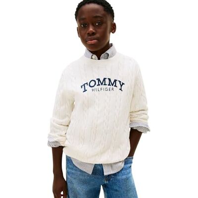 Tommy Hilfiger Jungen Pullover Graphic Cable Sweater Zopfmuster, Weiß (Ivory Silk), 14 Jahre Tommy Hilfiger Jungen Pullover Graphic Cable Sweater Zopfmuster, Weiß (Ivory Silk), 14 Jahre