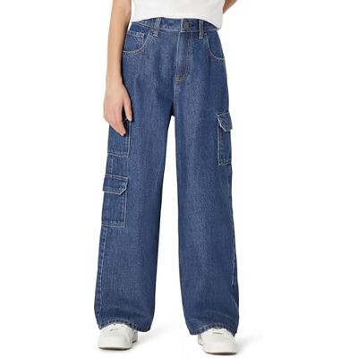 Amazon Mädchen Ultraweiche Relaxed-Fit-Cargo-Jeans mit Weitem Bein, Klassische Mittlere Waschung, 11 Jahre Amazon Mädchen Ultraweiche Relaxed-Fit-Cargo-Jeans mit Weitem Bein, Klassische Mittlere Waschung, 11 Jahre