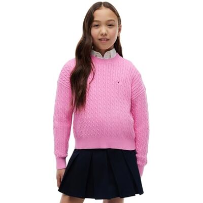 Tommy Hilfiger Mädchen Pullover Cable Sweater Zopfstrickmuster, Elfenbein (Pink Daisy), 12 Jahre Tommy Hilfiger Mädchen Pullover Cable Sweater Zopfstrickmuster, Elfenbein (Pink Daisy), 12 Jahre
