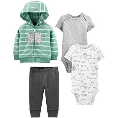 Simple Joys by Carter's Baby Jungen 4-Piece Jacket, Pant, and Bodysuit Layette-Set, Dunkelgrau/Grau/Minzgrün Elefant/Weiß Waldtiere, 0 Monate Simple Joys by Carter's Baby Jungen 4-Piece Jacket, Pant, and Bodysuit Layette-Set, Dunkelgrau/Grau/Minzgrün Elefant/Weiß Waldtiere, 0 Monate
