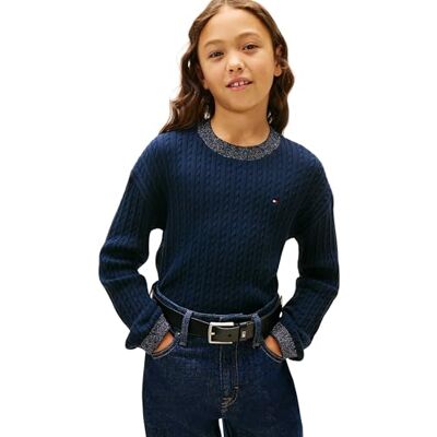Tommy Hilfiger Mädchen Pullover Mini Sweater mit Glitzer an Kragen und Bündchen, Blau (Dark Night Navy), 14 Jahre Tommy Hilfiger Mädchen Pullover Mini Sweater mit Glitzer an Kragen und Bündchen, Blau (Dark Night Navy), 14 Jahre